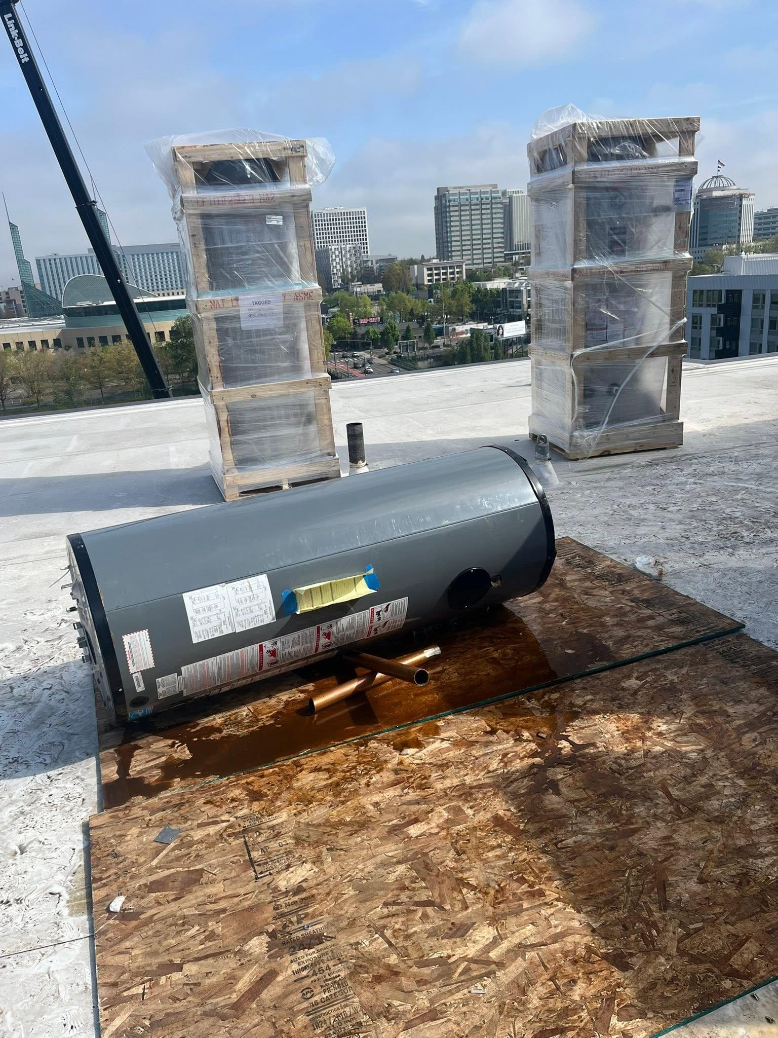 Commercial water heater equipment on a job site for Parson Plumbing